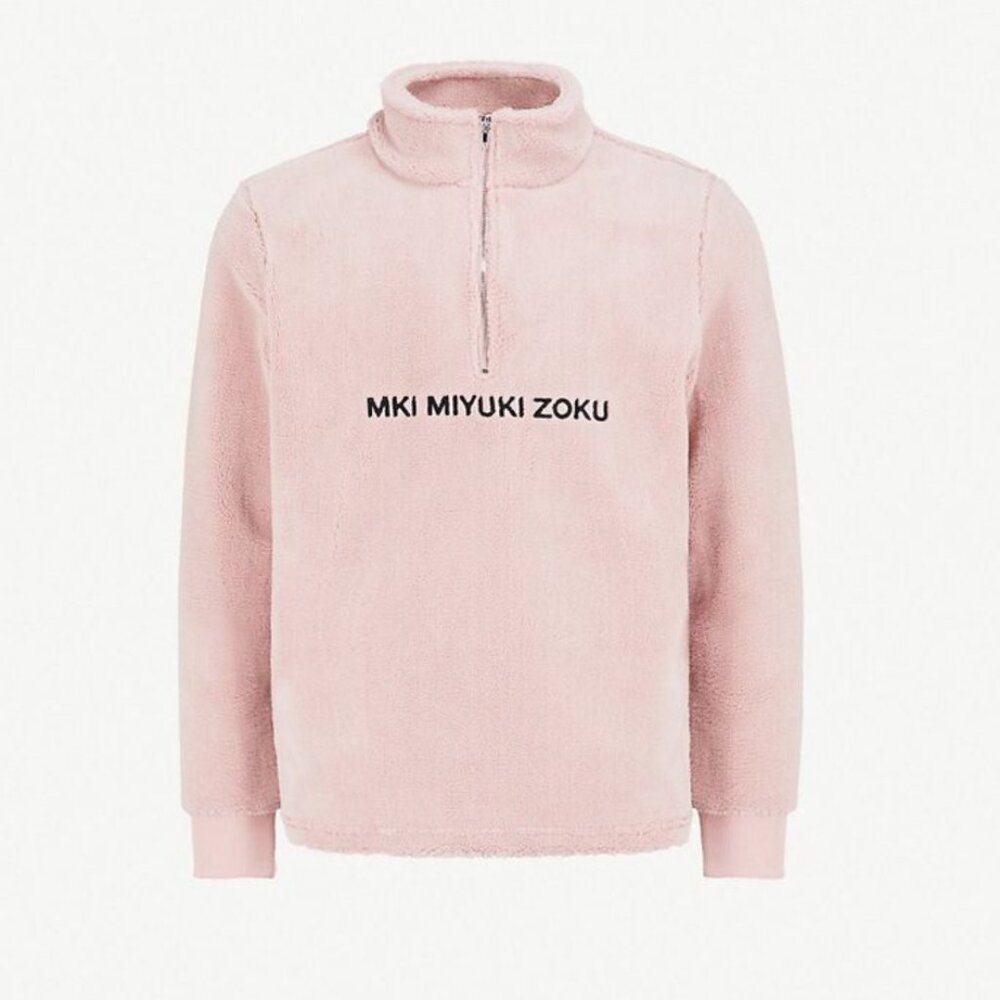 MKI MIYUKI-ZOKU Men's Black Shearling Quarter Zip Sweatshirt Size XL Pale Pink